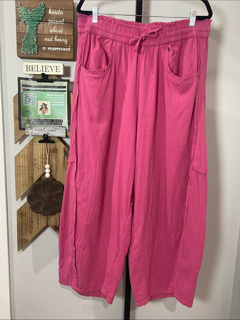 Free People Wide-Leg Barrel Drawstring Pants in Bright Pink w18-20 r14 inseam27